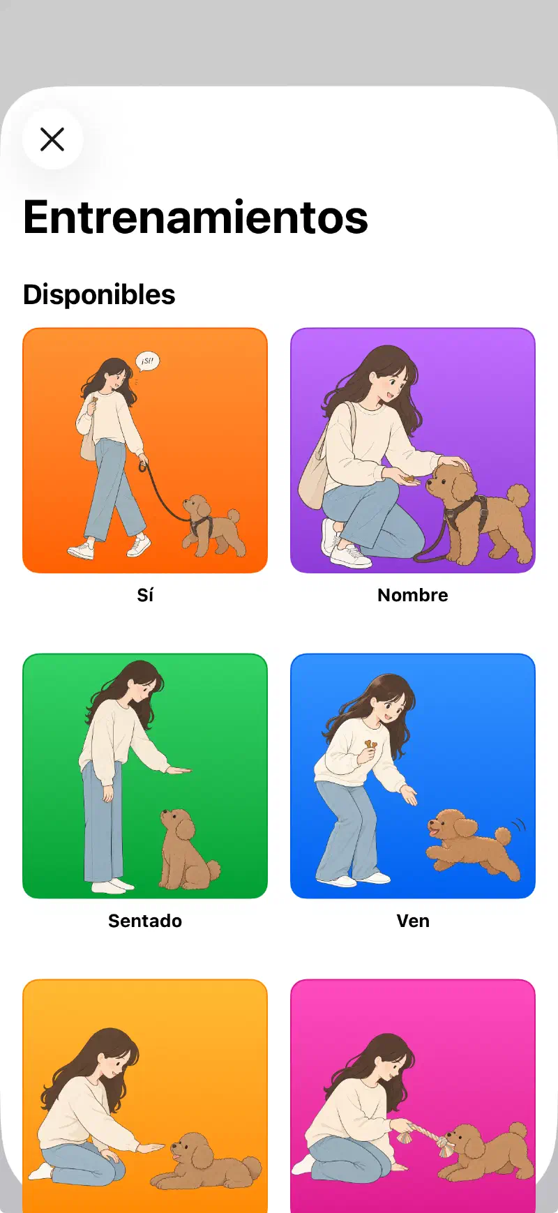 Pantalla de entrenamientos de la app de Yoiko, con comandos como sí, nombre, sentado y ven