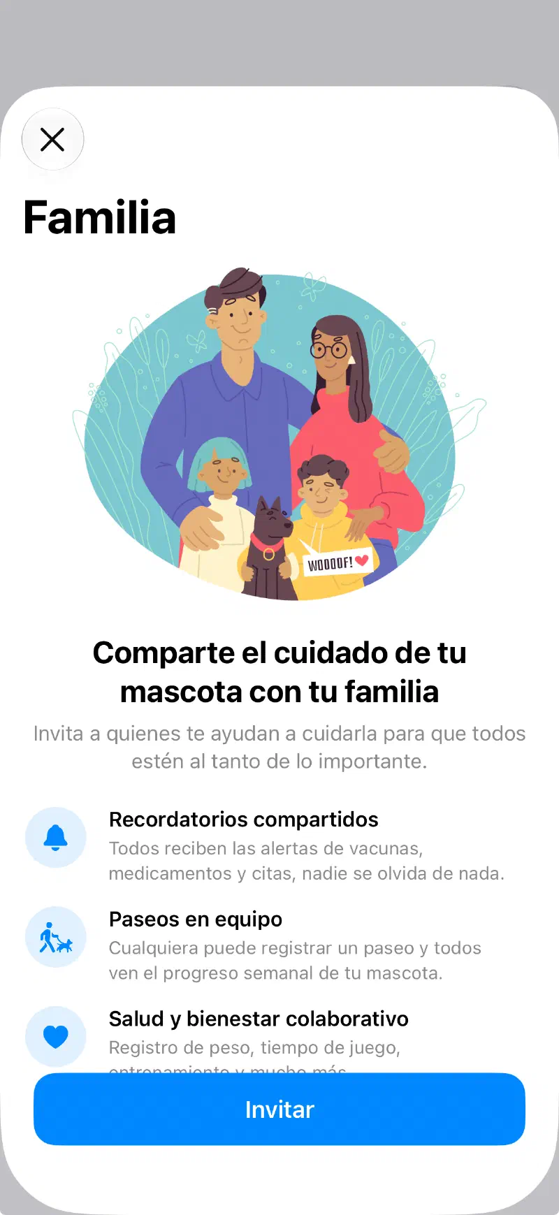 Pantalla de familia de la app de Yoiko, para compartir el cuidado de tu mascota