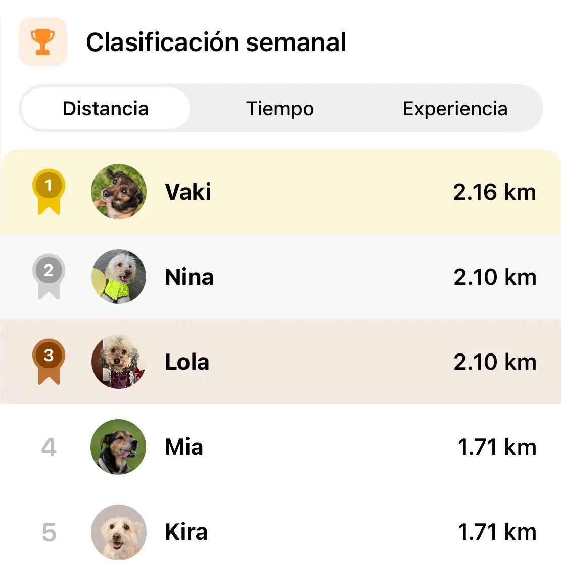 Clasificación semanal en la app de Yoiko