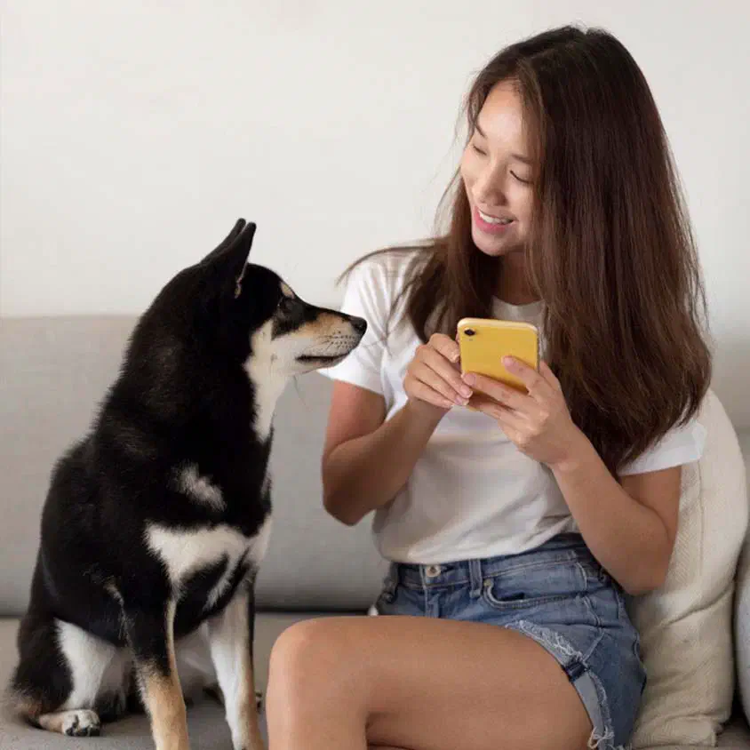 Niña usando celular con mascota