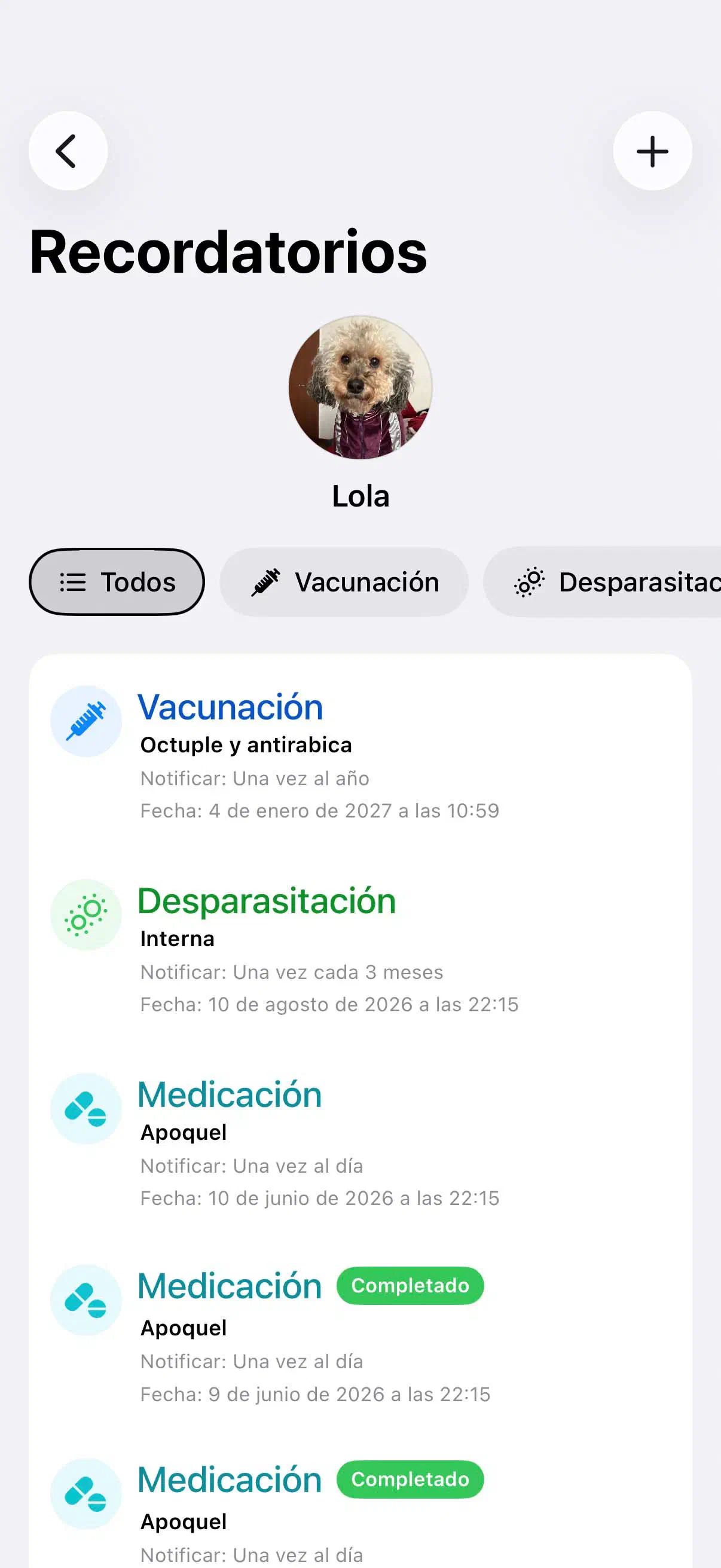 Recordatorios de Toti en app de Yoiko