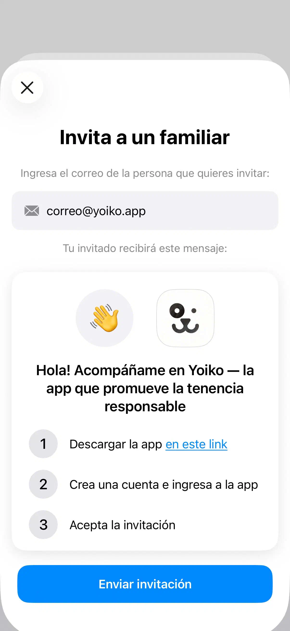 Pantalla de familia en app de Yoiko